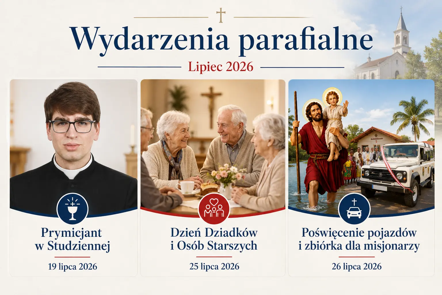 Grafika przedstawiająca wydarzenia parafialne w lipcu 2026